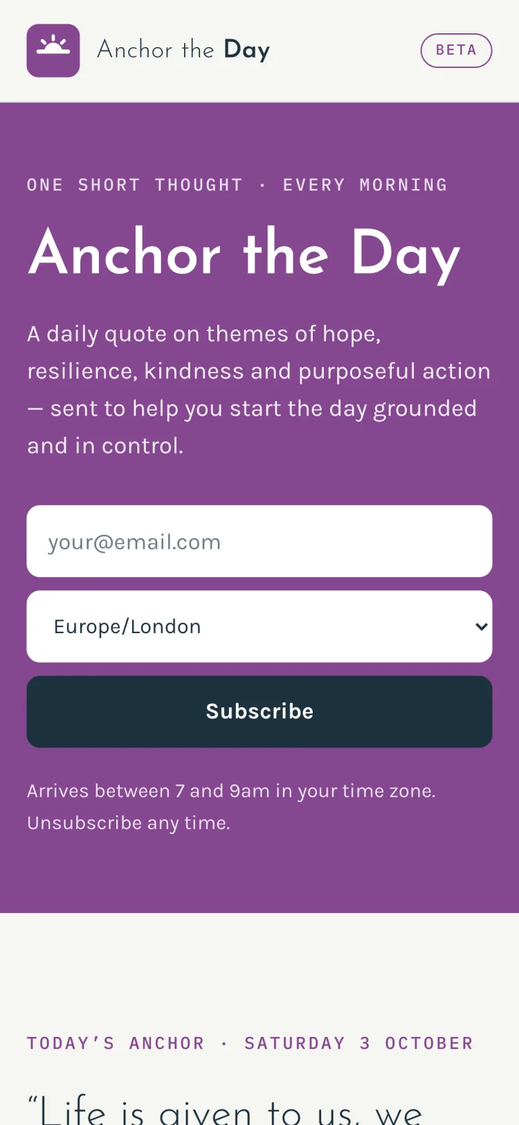 anchortheday.com on a phone: an email address field, a Europe/London time zone and a Subscribe button, arriving between 7 and 9am