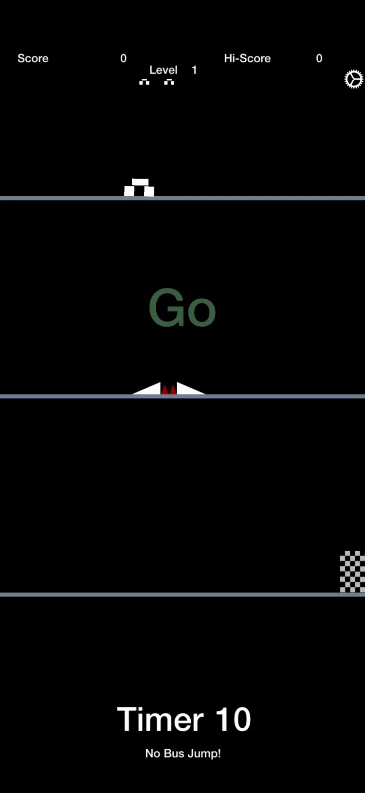 Level 1 starting: Go in green, the bike on the top of three roads, a ramp over red spikes on the second, the chequered finish on the third, and a 10-second timer