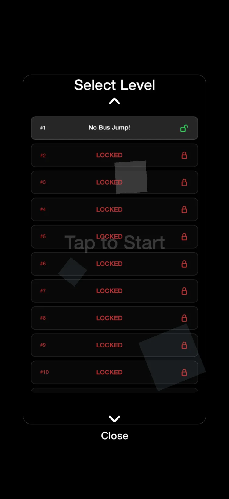 The Select Level list, with level 1, No Bus Jump!, unlocked and levels 2 to 10 locked