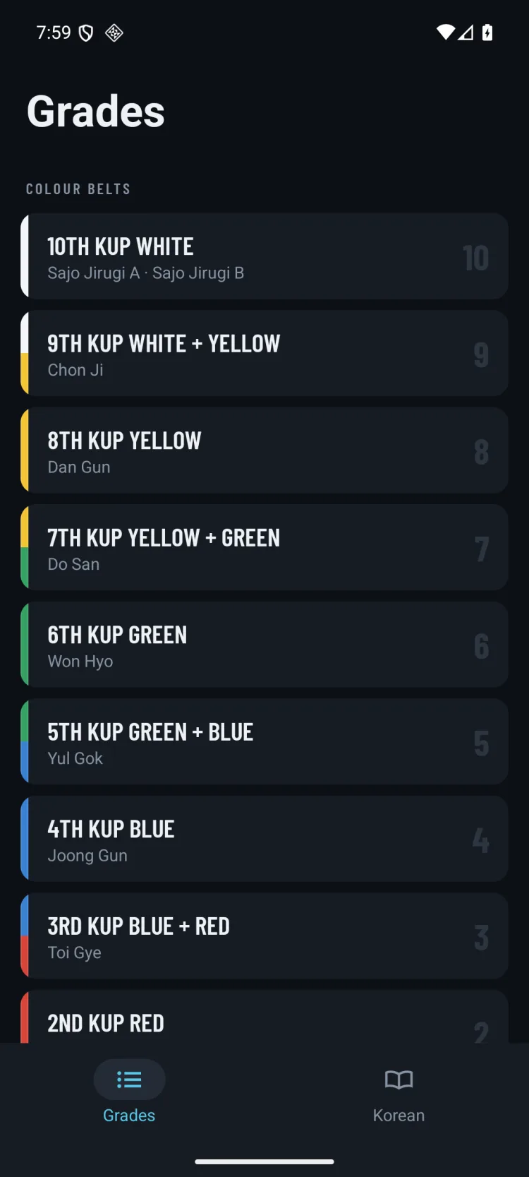 The Grades list on Android: the colour belts from 10th Kup white, with Sajo Jirugi A and B, through 9th Kup white and yellow, Chon Ji, down to 2nd Kup red, each with its pattern