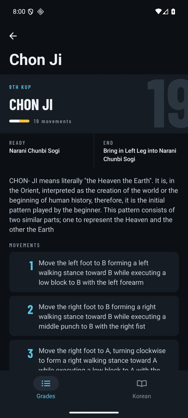 The pattern Chon Ji on Android: 9th Kup, 19 movements, its ready and end stances, its meaning, and the movements numbered one by one