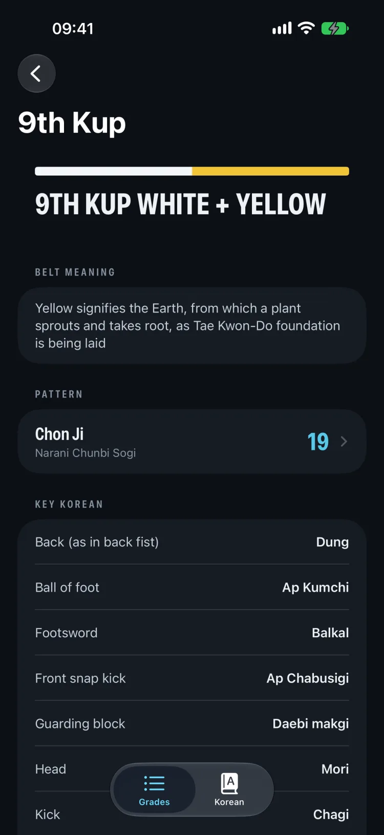 9th Kup white and yellow: what the yellow belt means, its pattern Chon Ji, and the key Korean terms