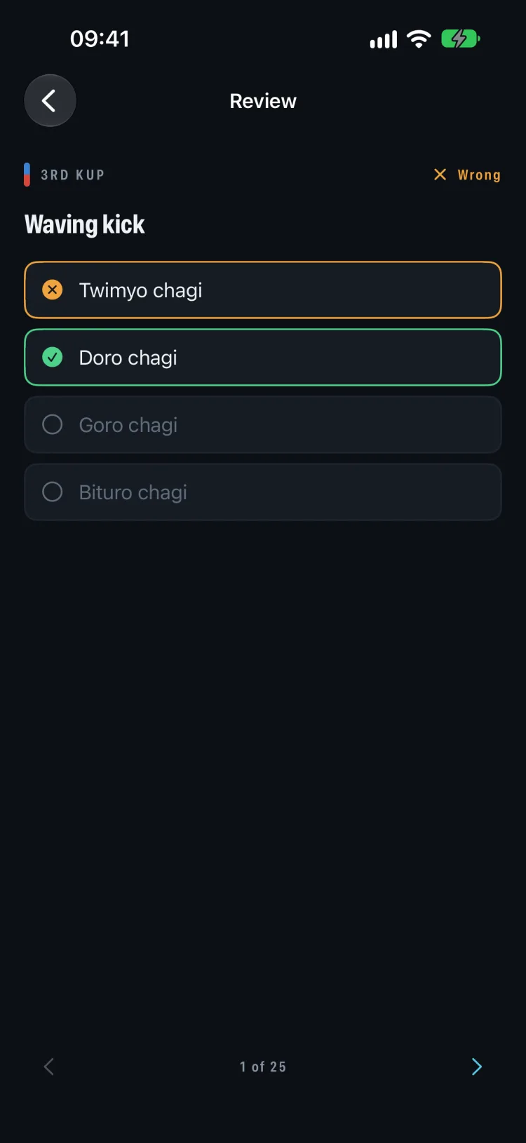 Reviewing a wrong answer to “Waving kick”: Twimyo chagi was chosen, Doro chagi was right