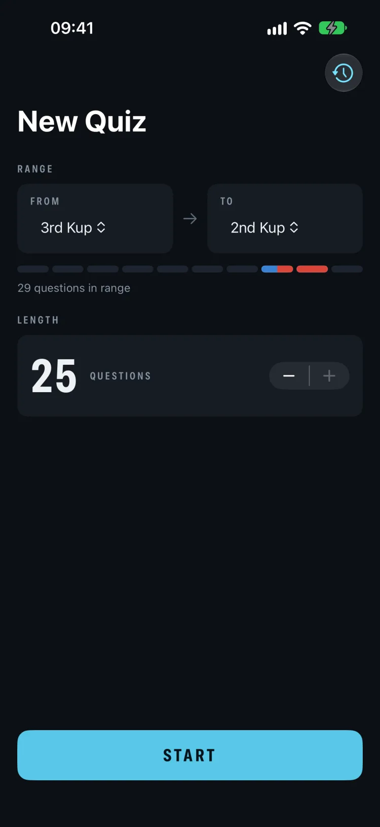 The New Quiz screen with a range from 3rd Kup to 2nd Kup, 29 questions in range, and a length of 25 questions