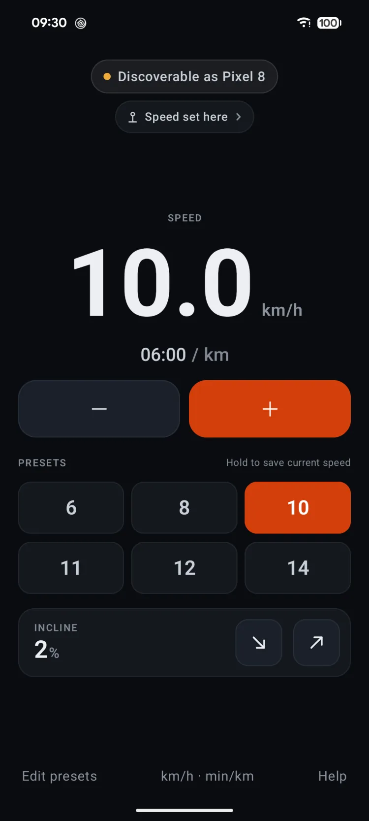Treadmill Smart Speed on Android showing 10.0 km/h and a 6:00 per km pace, six speed presets in two rows and 2% incline