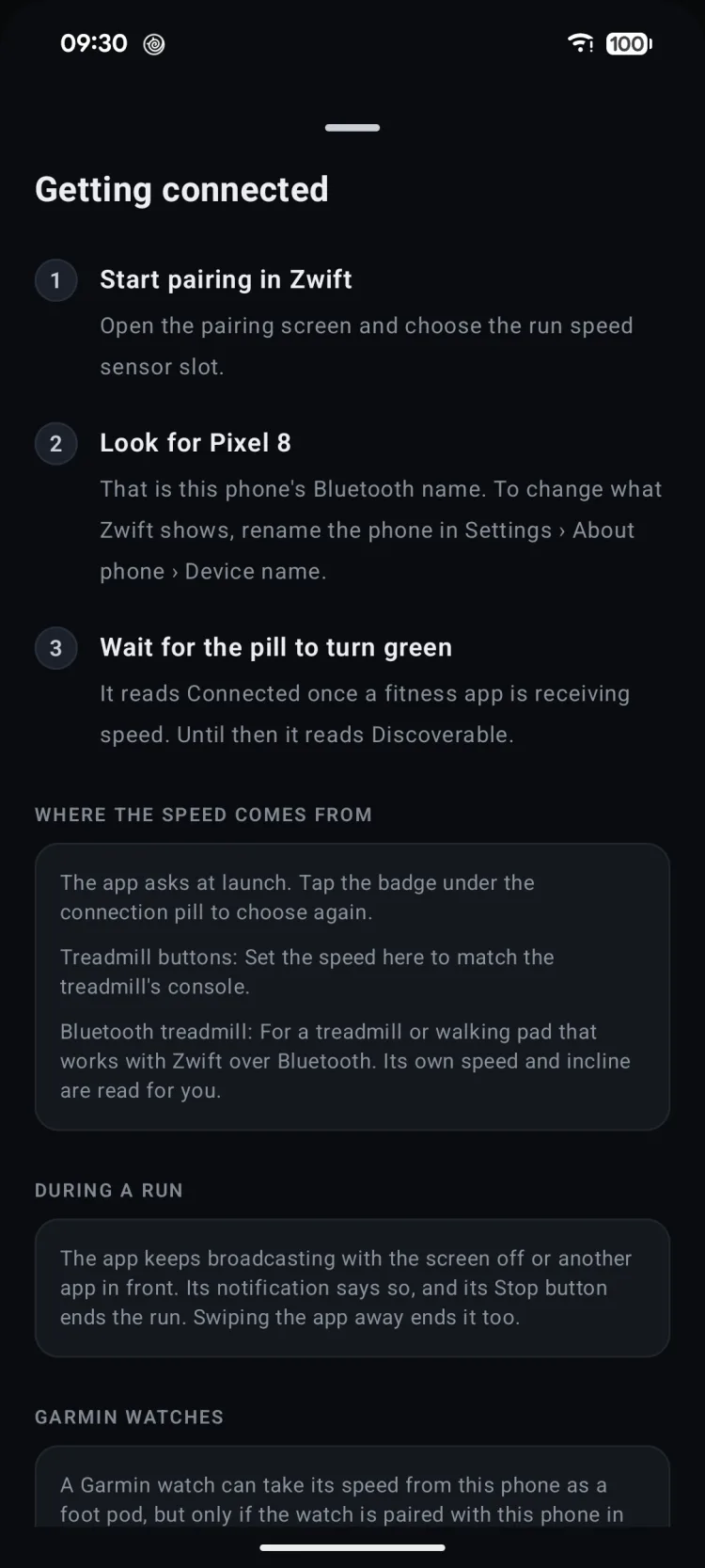 The “Getting connected” help: start pairing in Zwift, look for this phone by its Bluetooth name, wait for the pill to turn green, then where the speed comes from and Garmin watches
