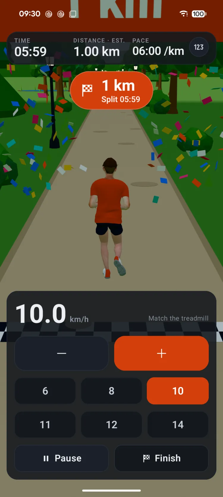 Just Run on Android at the first kilometre: a “1 km, split 05:59” banner above the runner and confetti in the air