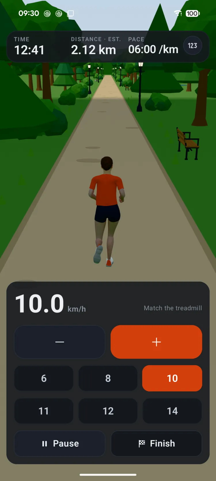 Just Run on Android: a runner on a park path, 12:41 into a run at 10.0 km/h, 2.12 km estimated at a 6:00 per km pace