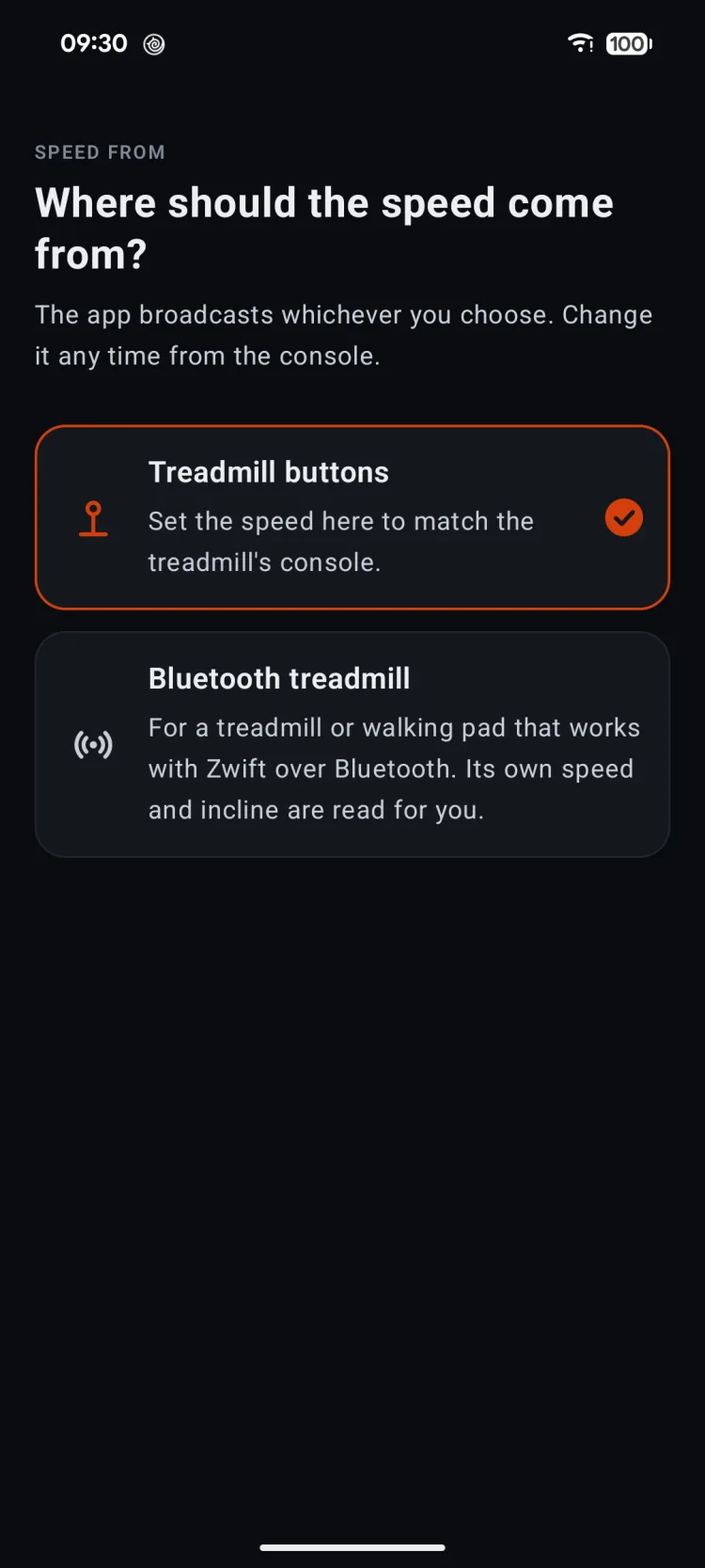 “Where should the speed come from?”: treadmill buttons, set to match the console, or a Bluetooth treadmill whose own speed and incline are read for you
