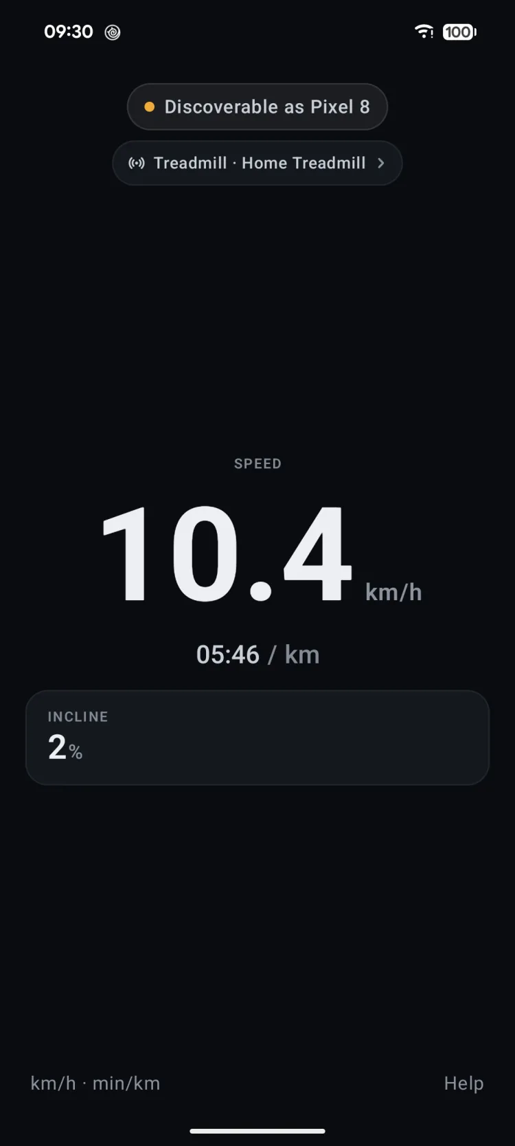 Treadmill Smart Speed on Android reading a Bluetooth treadmill: 10.4 km/h, a 5:46 per km pace and 2% incline, with the source reading “Treadmill · Home Treadmill”
