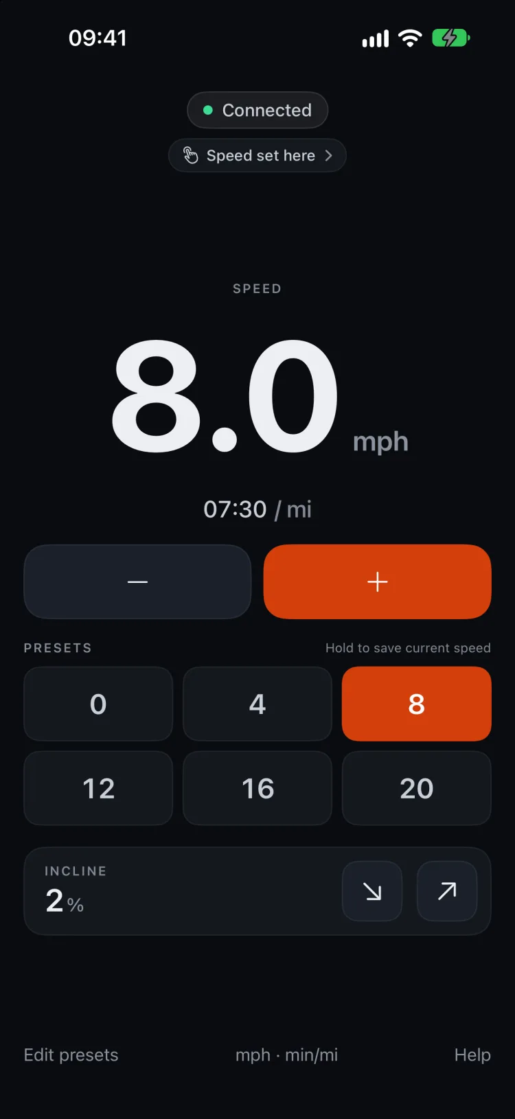 Treadmill Smart Speed connected, showing 8.0 mph, a 7:30 per mile pace, six speed presets in two rows and 2% incline