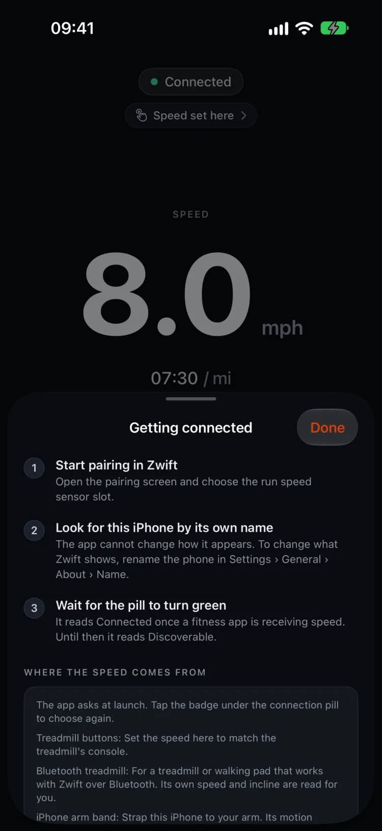 The “Getting connected” help sheet: start pairing in Zwift, look for this iPhone by its own name, wait for the pill to turn green, then where the speed comes from
