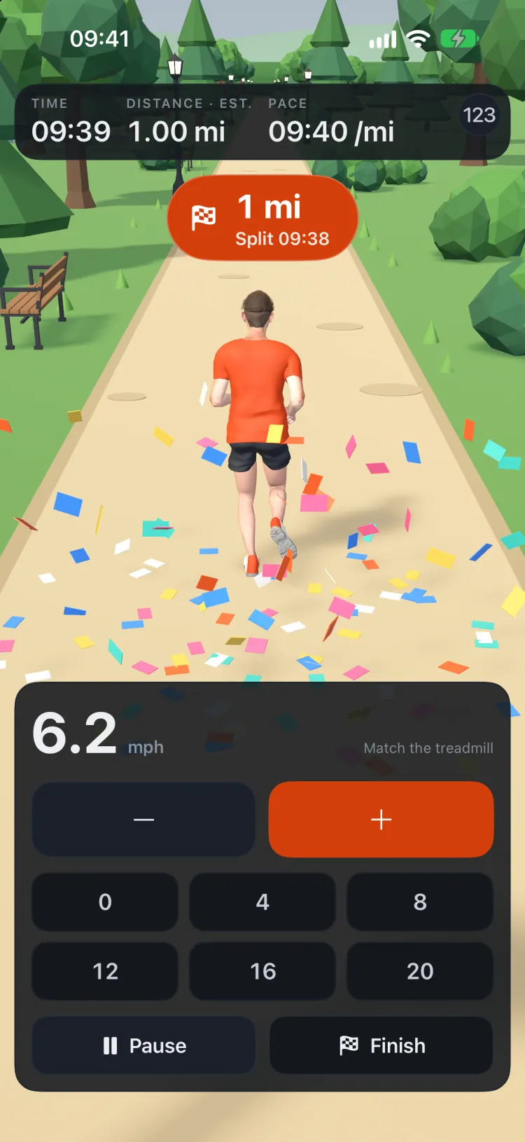 Just past the first mile in Just Run: a “1 mi, split 09:38” banner above the runner and confetti on the path