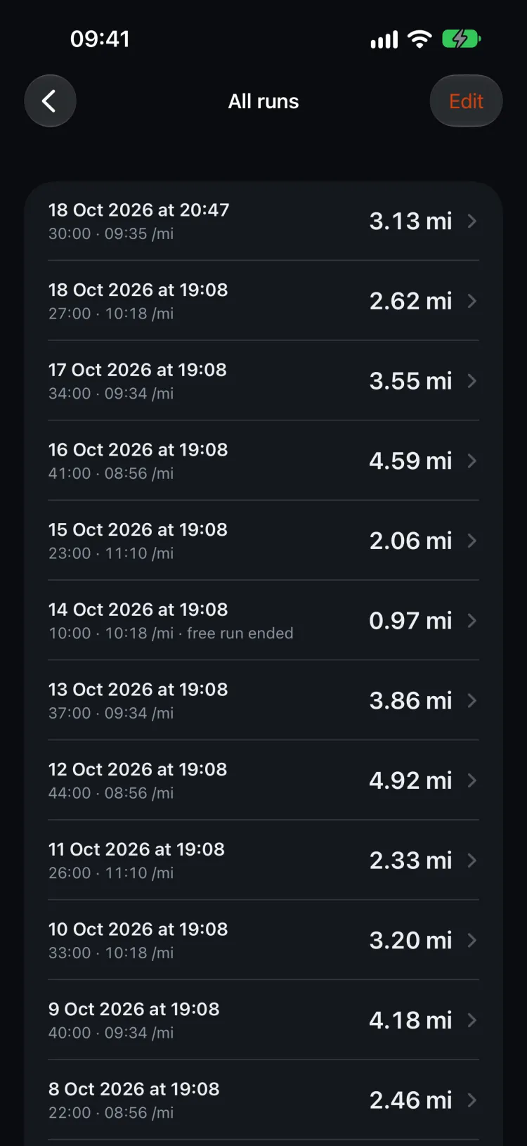 Just Run’s list of all runs, newest first, each with its date, time, pace and distance in miles; one is marked “free run ended”