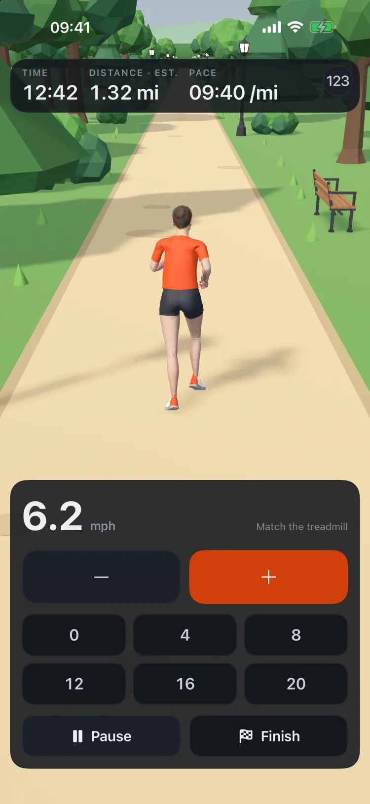 Just Run: a runner in an orange top on a park path, 12:42 into a run at 6.2 mph, 1.32 miles estimated at a 9:40 per mile pace, with the speed buttons and presets below