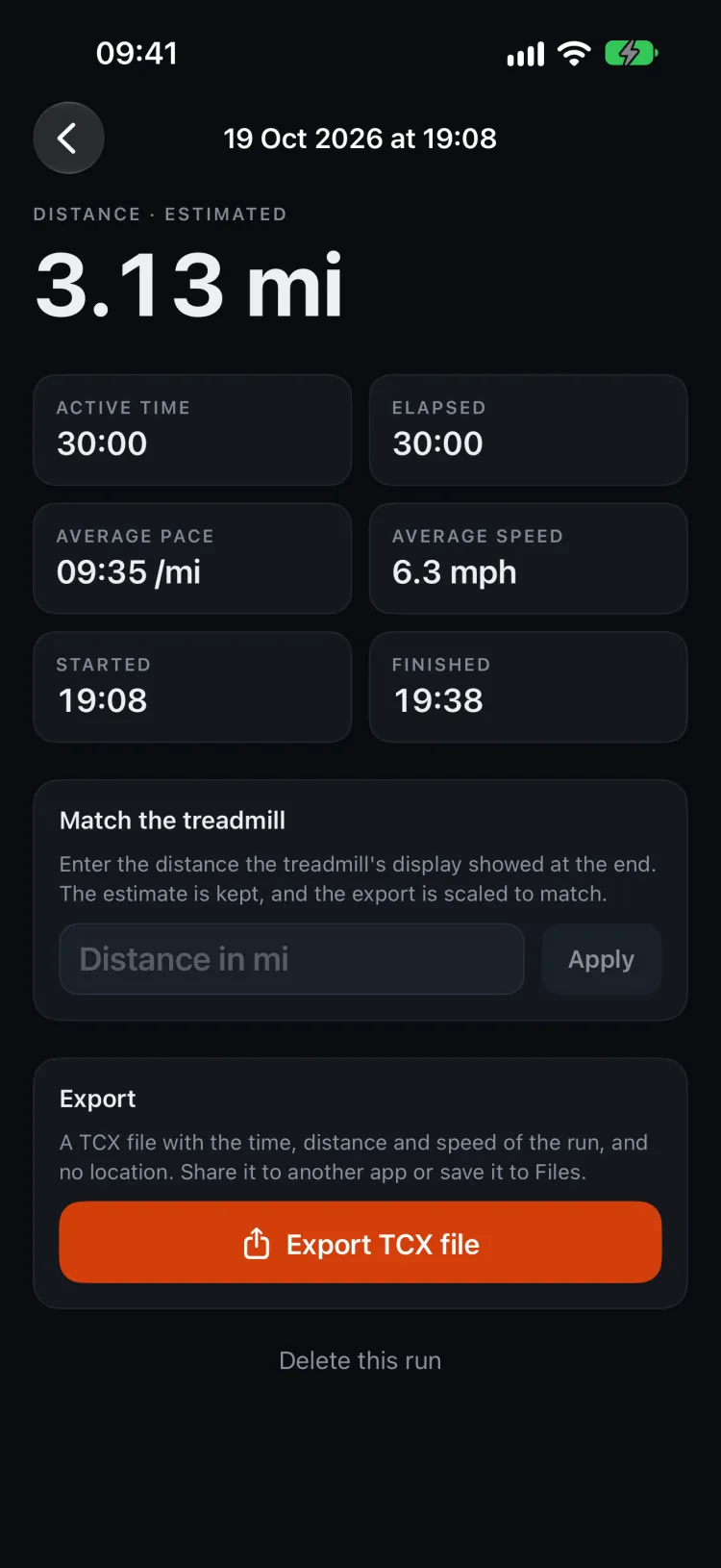 The summary of a 3.13-mile run: 30 minutes, a 9:35 per mile pace and 6.3 mph on average, a box to match the treadmill’s distance, and an Export TCX file button