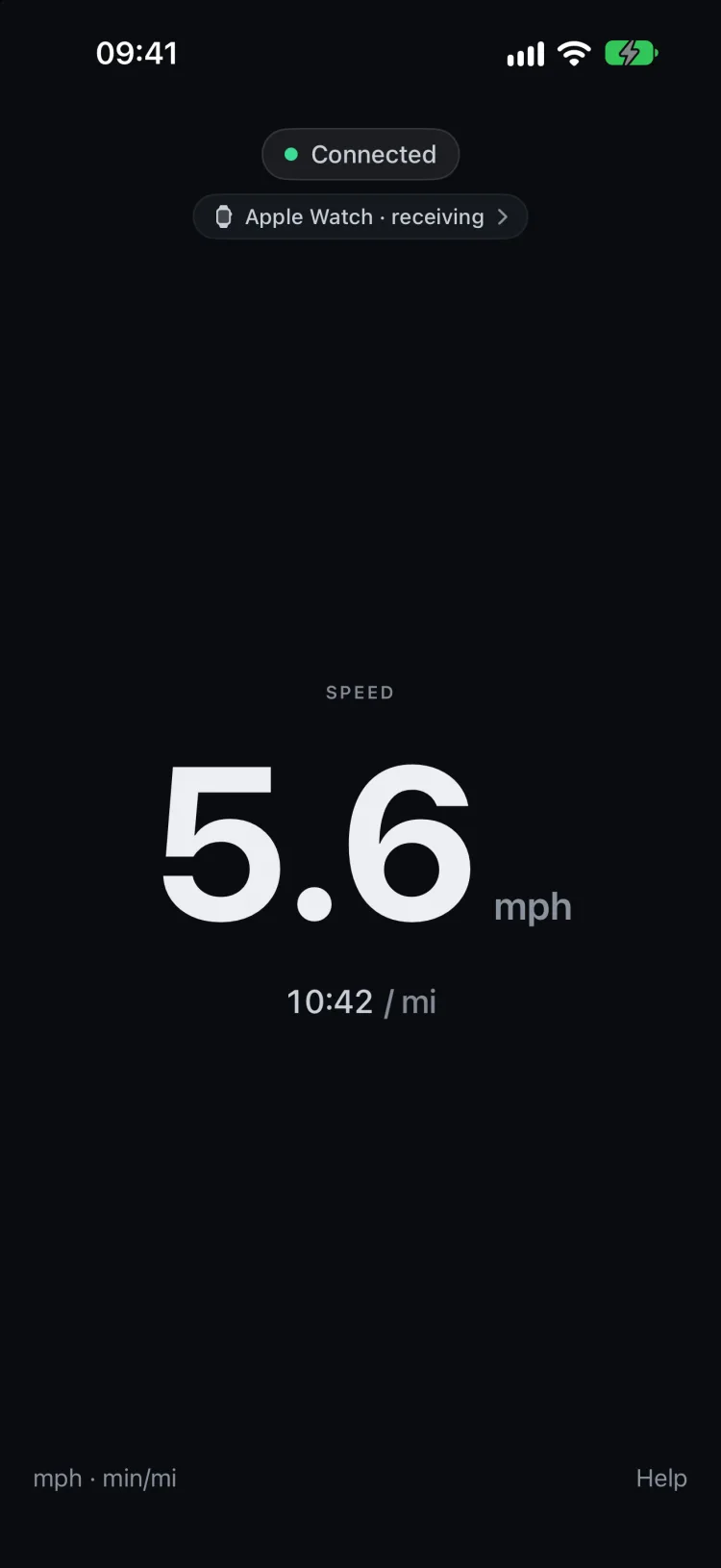 Treadmill Smart Speed showing 5.6 mph and a 10:42 per mile pace, with the speed source reading “Apple Watch · receiving”