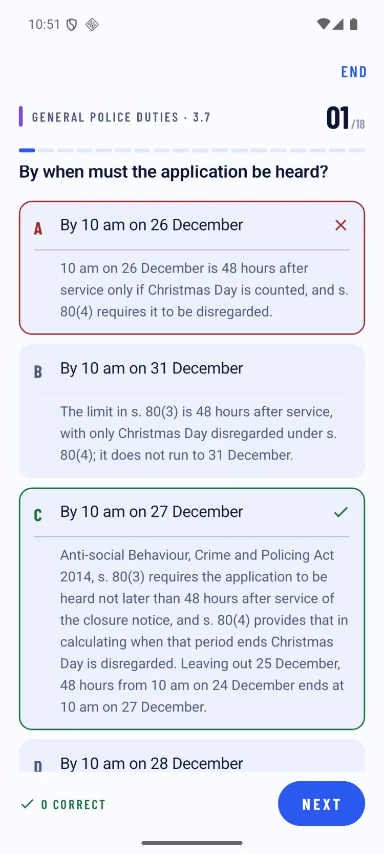 A General Police Duties question on closure orders answered wrongly, with the explanation of why the chosen answer is wrong and why the right one is right