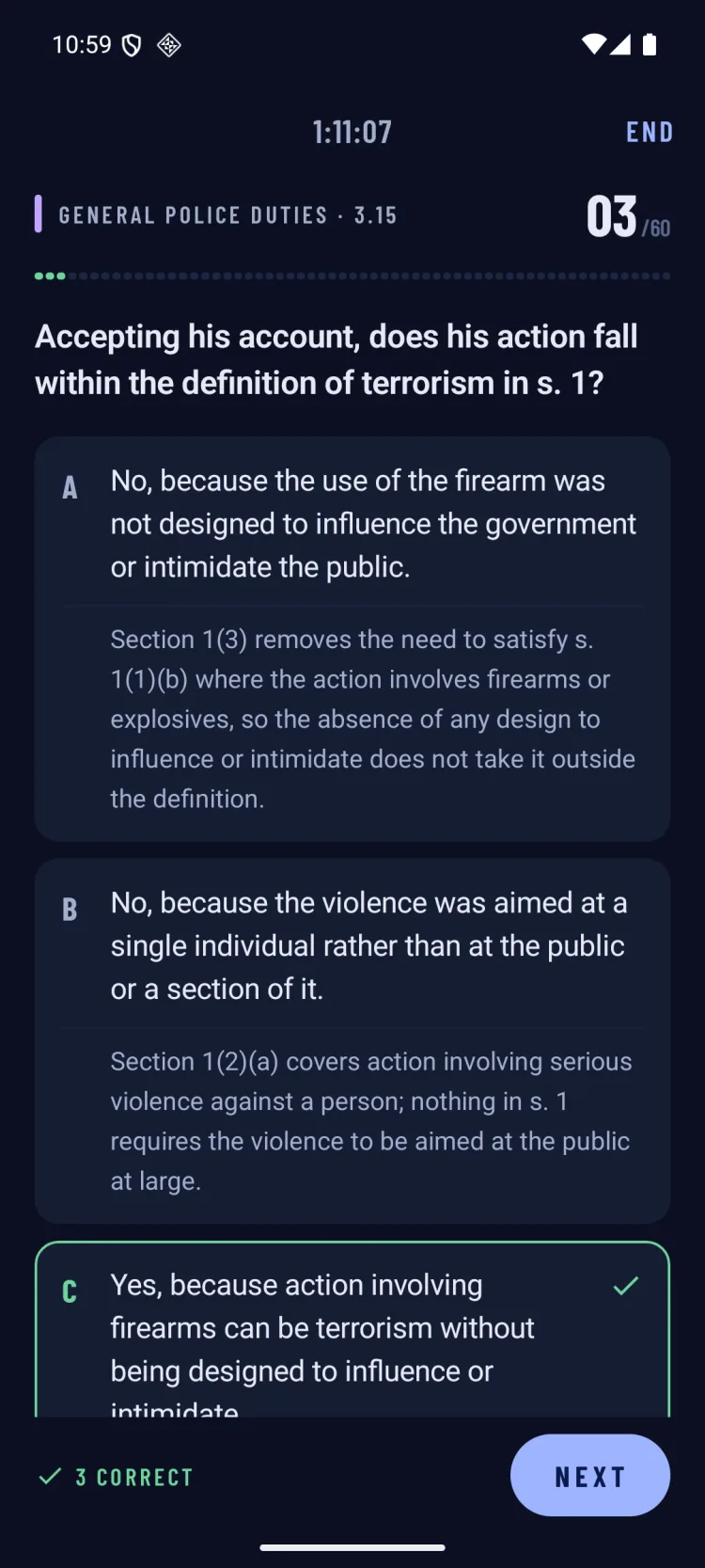 A timed question on terrorism under section 1 in the dark theme, with an hour and 11 minutes left
