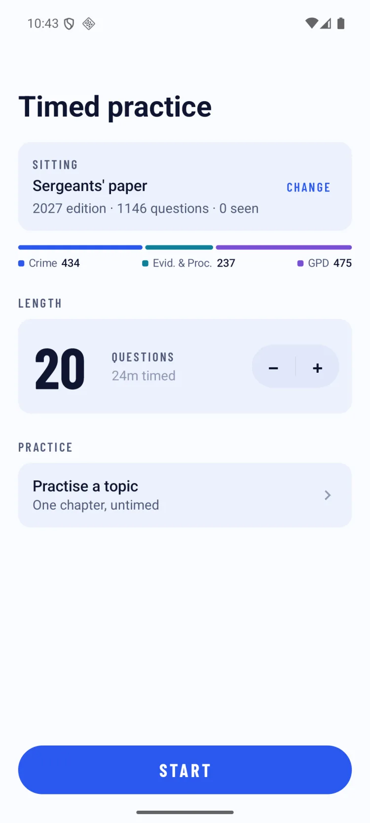 Timed practice on the sergeants’ paper, 2027 edition, 1,146 questions across Crime, Evidence and Procedure, and General Police Duties, with a length of 20 questions in 24 minutes