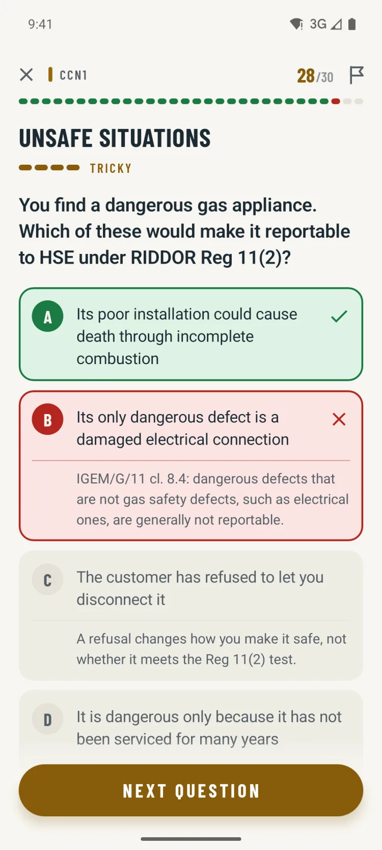 Question 28 of 30 on Android, Unsafe situations, level Tricky: the RIDDOR Reg 11(2) question with option A marked right and B marked wrong, with a note on why B is wrong