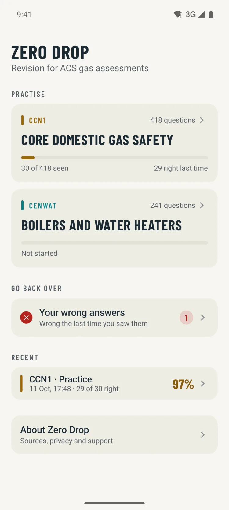 The Zero Drop home screen on Android: CCN1, 418 questions, 30 seen and 29 right last time; CENWAT, 241 questions, not started; one wrong answer to go back over; a recent CCN1 practice scored 97%