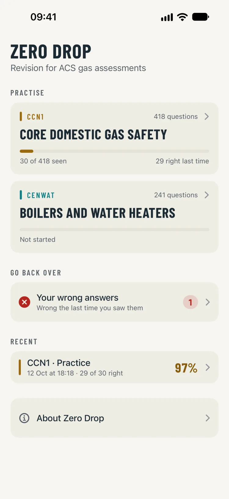 The Zero Drop home screen: CCN1, Core domestic gas safety, 418 questions, 30 seen and 29 right last time; CENWAT, Boilers and water heaters, 241 questions, not started; one wrong answer to go back over; a recent CCN1 practice scored 97%