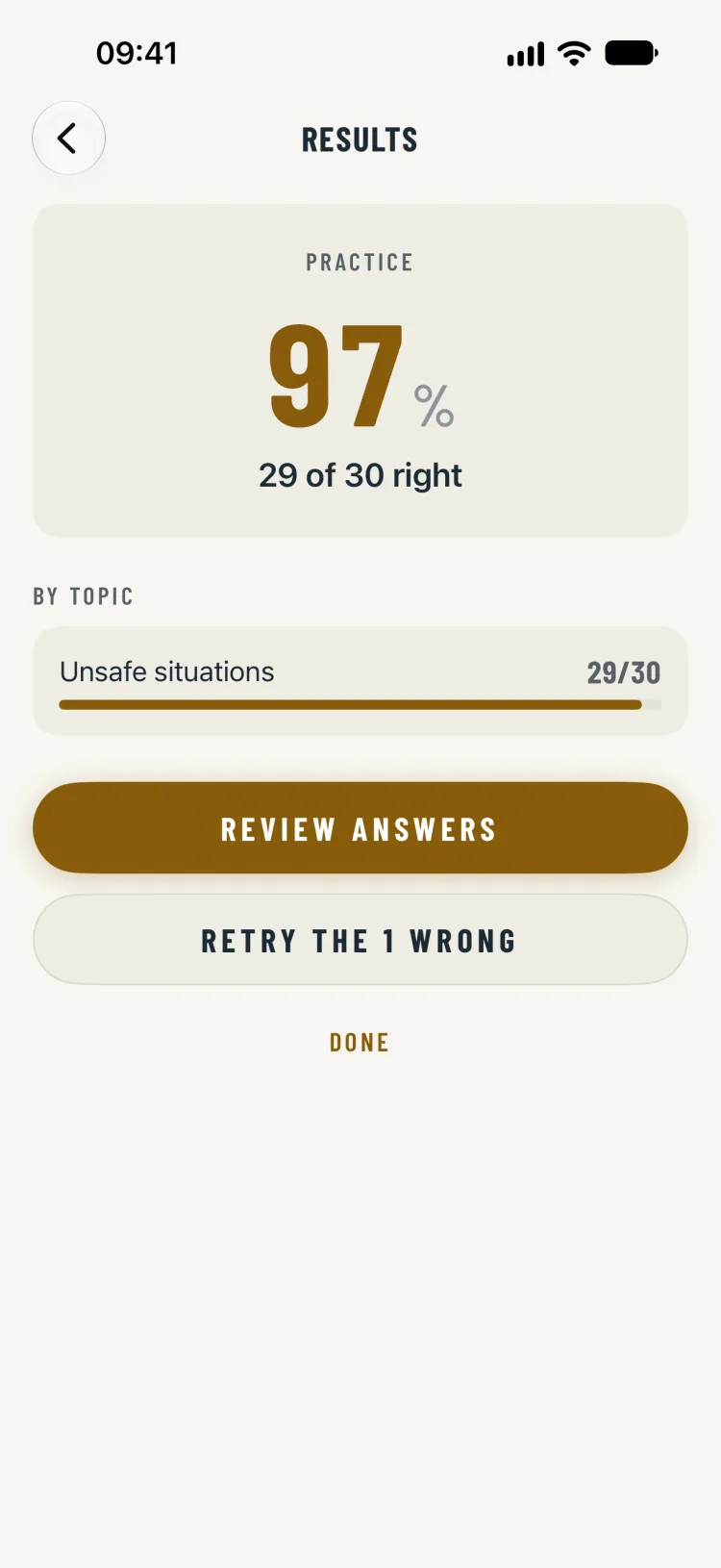 Results: 97%, 29 of 30 right in a CCN1 practice, Unsafe situations 29 of 30 by topic, with Review answers and Retry the 1 wrong buttons