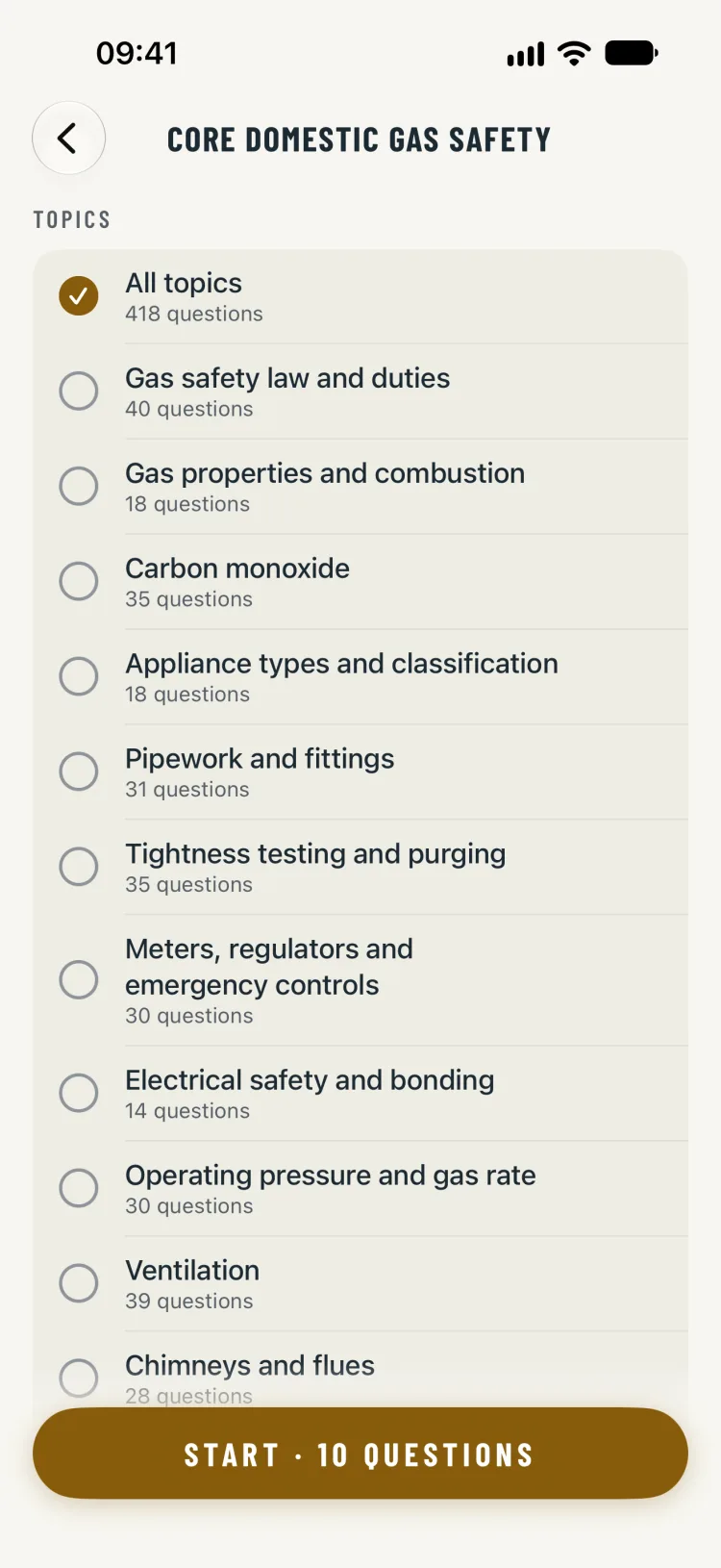 Setting up a Core domestic gas safety practice: All topics, 418 questions, ticked, above Gas safety law and duties, Carbon monoxide, Tightness testing and purging, Ventilation and more, with a Start · 10 questions button